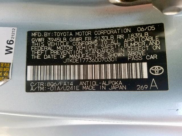 JTKDE177360070301 - 2006 TOYOTA SCION TC ლურჯი ფოტო 10