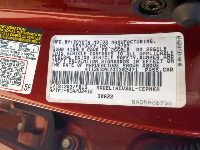 4T1BE32K74U302471 - 2004 TOYOTA CAMRY LE RED photo 10