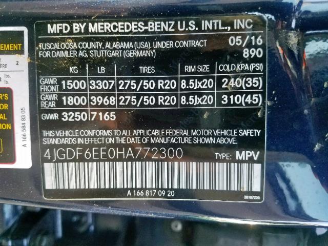 4JGDF6EE0HA772300 - 2017 MERCEDES-BENZ GLS 450 4M BLUE photo 10