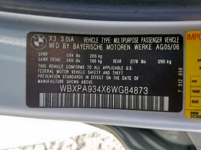 WBXPA934X6WG84873 - 2006 BMW X3 3.0I SILVER photo 10