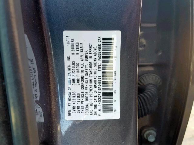 1HGCR2F81GA048639 - 2016 HONDA ACCORD EXL GRAY photo 10