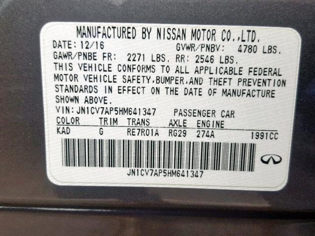 JN1CV7AP5HM641347 - 2017 INFINITI Q50 BASE GRAY photo 10