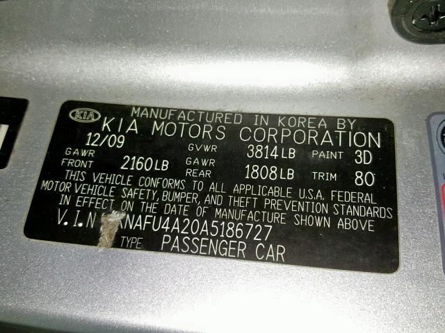 KNAFU4A20A5186727 - 2010 KIA FORTE EX SILVER photo 10