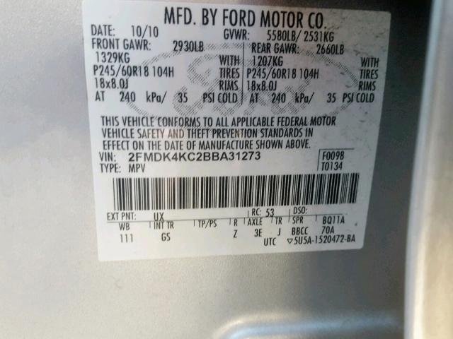 2FMDK4KC2BBA31273 - 2011 FORD EDGE LIMIT SILVER photo 10