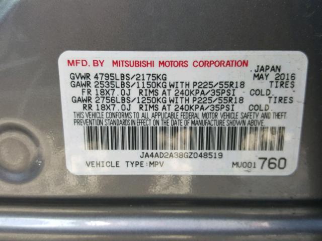 JA4AD2A38GZ048519 - 2016 MITSUBISHI OUTLANDER SILVER photo 10