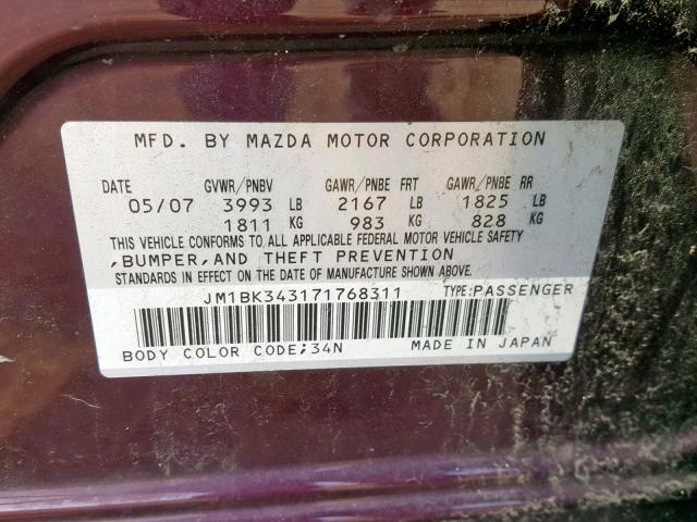 JM1BK343171768311 - 2007 MAZDA 3 HATCHBAC PURPLE photo 10