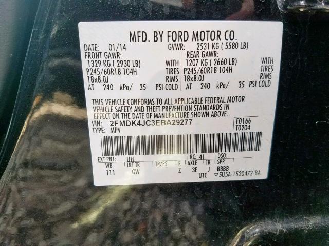 2FMDK4JC3EBA29277 - 2014 FORD EDGE SEL BLACK photo 10