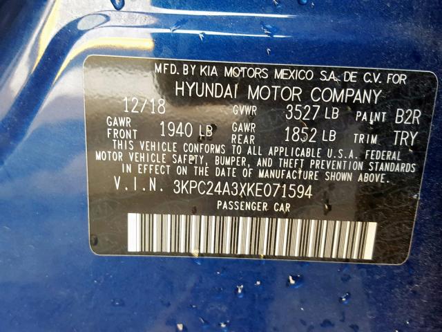 3KPC24A3XKE071594 - 2019 HYUNDAI ACCENT SE BLUE photo 10