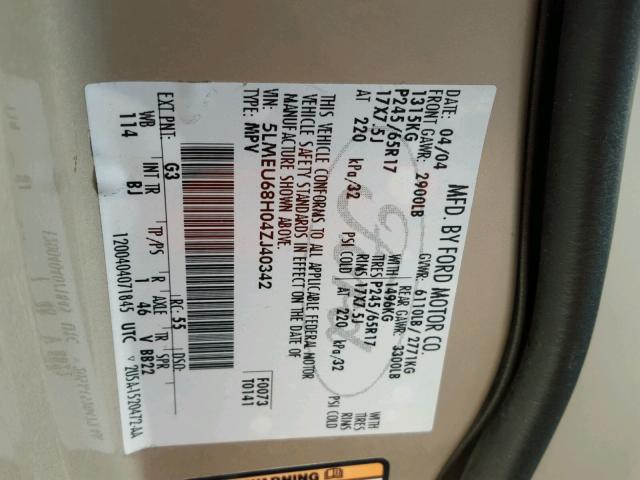 5LMEU68H04ZJ40342 - 2004 LINCOLN AVIATOR 棕色 照片 10