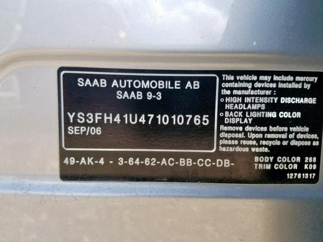 YS3FH41U471010765 - 2007 SAAB 9-3 AERO SILVER photo 10