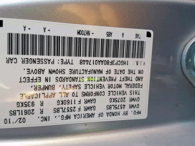 1HGCP3F80AA017448 - 2010 HONDA ACCORD EXL SILVER photo 10