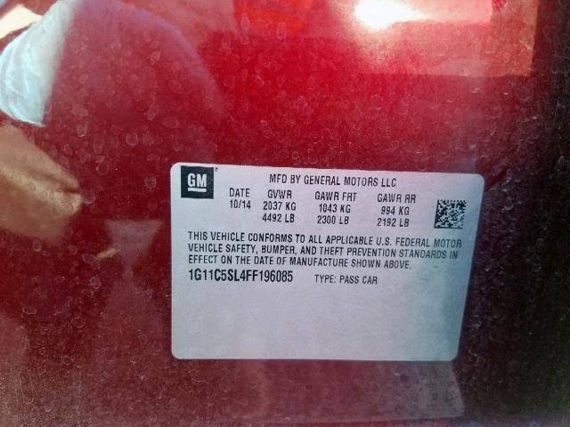 1G11C5SL4FF196085 - 2015 CHEVROLET MALIBU 1LT MAROON photo 10