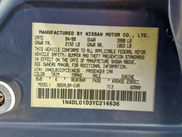 1N4DL01D3YC214636 - 2000 NISSAN ALTIMA XE BLUE photo 10