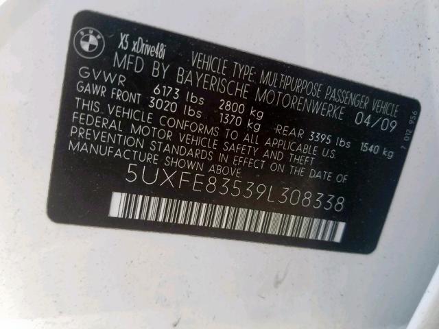 5UXFE83539L308338 - 2009 BMW X5 XDRIVE4 WHITE photo 10