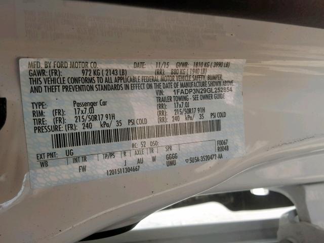 1FADP3N29GL252854 - 2016 FORD FOCUS TITA WHITE photo 10