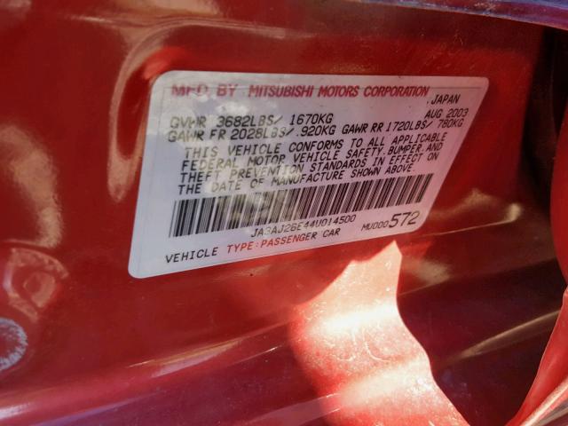 JA3AJ26E44U014500 - 2004 MITSUBISHI LANCER ES RED photo 10