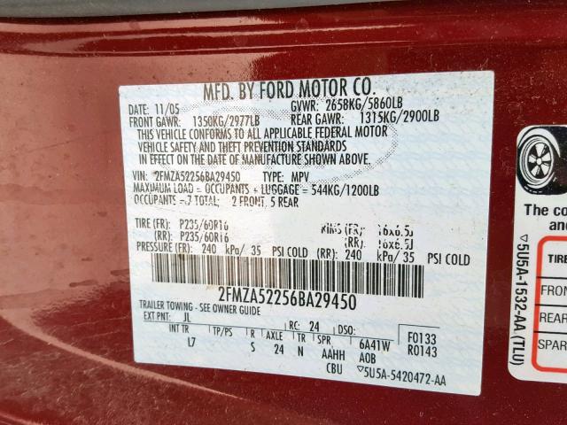 2FMZA52256BA29450 - 2006 FORD FREESTAR S MAROON photo 10