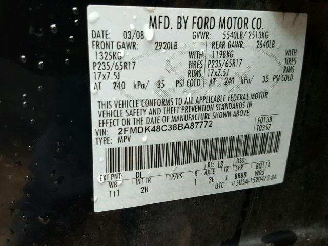 2FMDK48C38BA87772 - 2008 FORD EDGE SEL BLACK photo 10