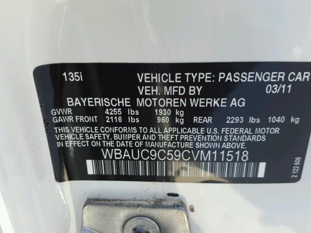 WBAUC9C59CVM11518 - 2012 BMW 135 I WHITE photo 10