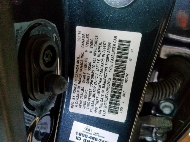 2HGFC2F77JH607402 - 2018 HONDA CIVIC EX BLUE photo 10