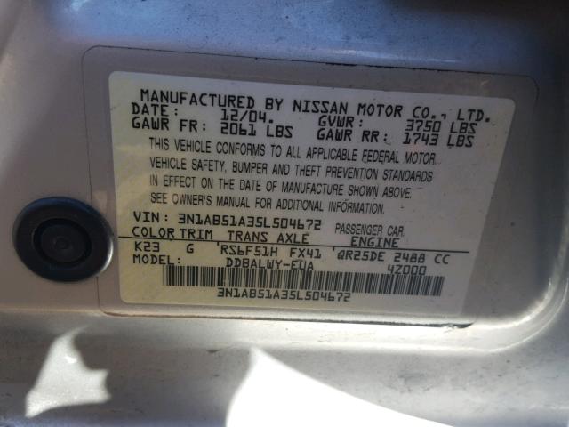 3N1AB51A35L504672 - 2005 NISSAN SENTRA SE- SILVER photo 10