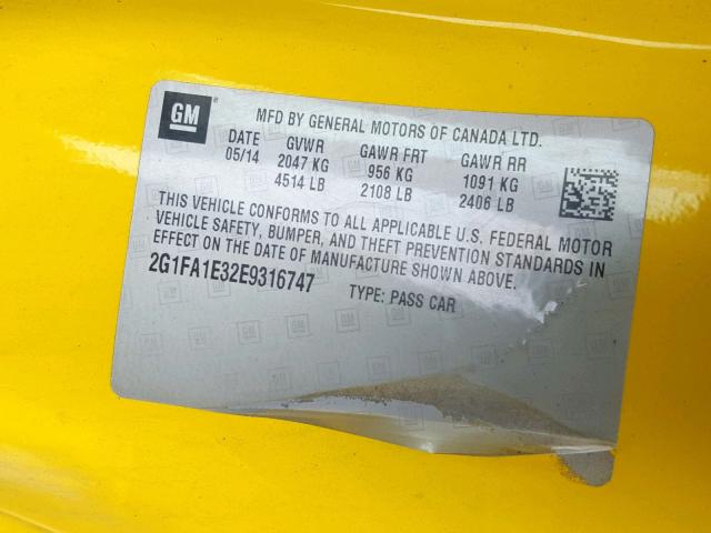 2G1FA1E32E9316747 - 2014 CHEVROLET CAMARO LS YELLOW photo 10