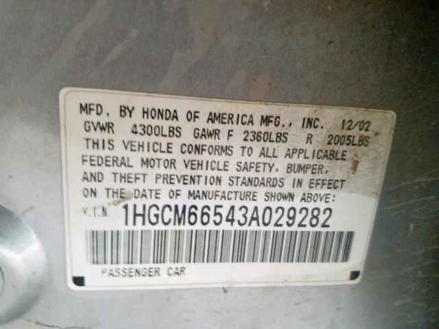 1HGCM66543A029282 - 2003 HONDA ACCORD EX SILVER photo 10