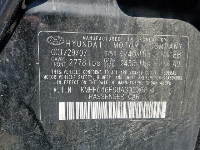 KMHFC46F98A302568 - 2008 HYUNDAI AZERA SE BLACK photo 10