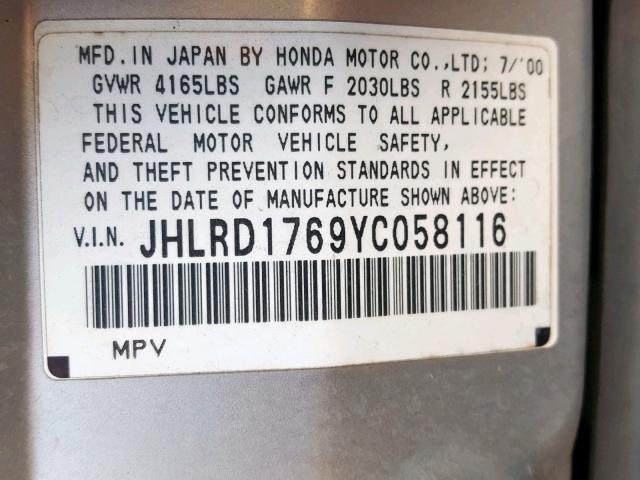 JHLRD1769YC058116 - 2000 HONDA CR-V EX SILVER photo 10