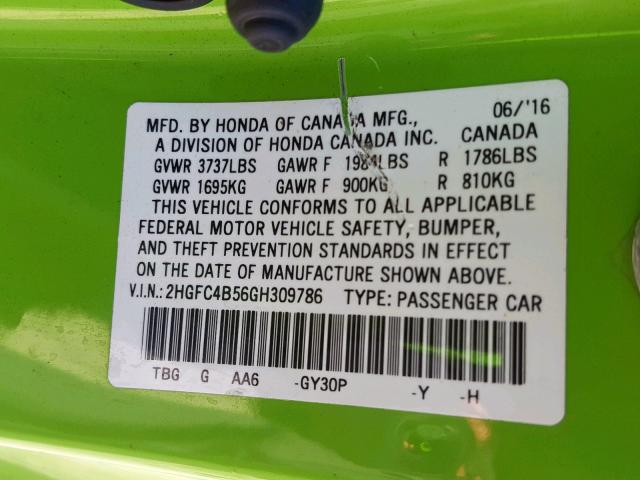 2HGFC4B56GH309786 - 2016 HONDA CIVIC LX GREEN photo 10