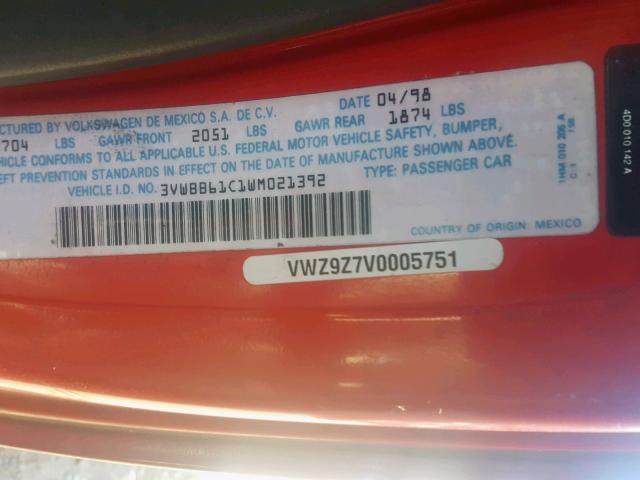 3VWBB61C1WM021392 - 1998 VOLKSWAGEN NEW BEETLE წითელი ფოტო 10