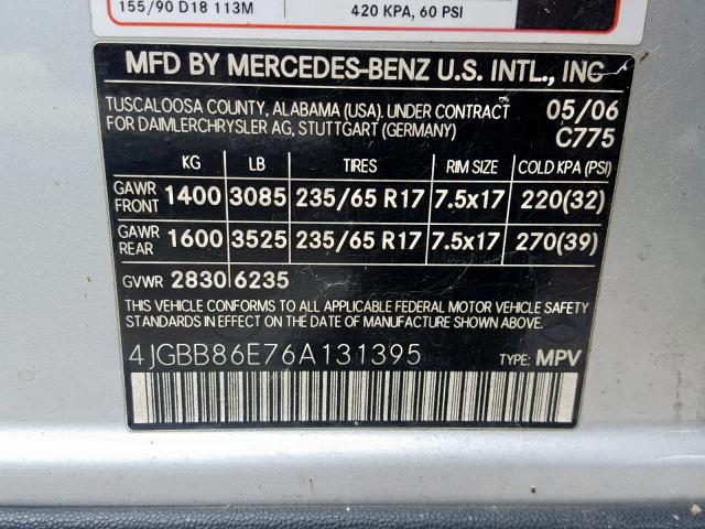 4JGBB86E76A131395 - 2006 MERCEDES-BENZ ML 350 SILVER photo 10