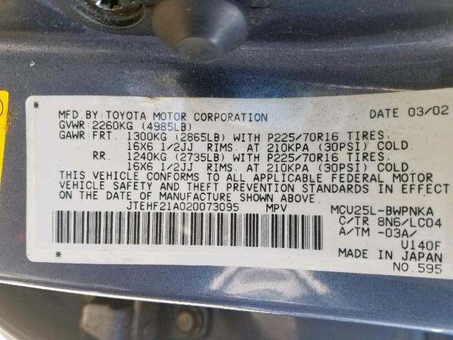 JTEHF21A020073095 - 2002 TOYOTA HIGHLANDER BLUE photo 10