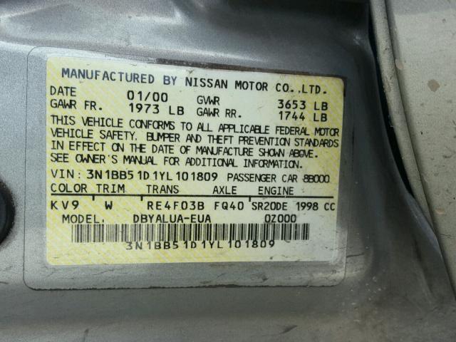 3N1BB51D1YL101809 - 2000 NISSAN SENTRA SE SILVER photo 10