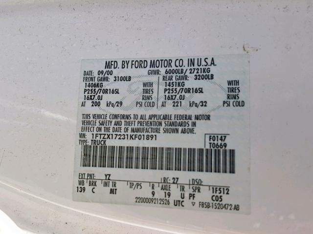 1FTZX17231KF01891 - 2001 FORD F150 WHITE photo 10