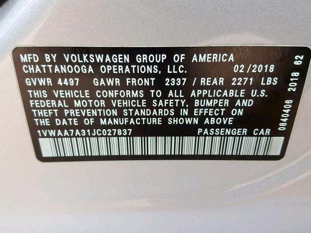 1VWAA7A31JC027837 - 2018 VOLKSWAGEN PASSAT S SILVER photo 10