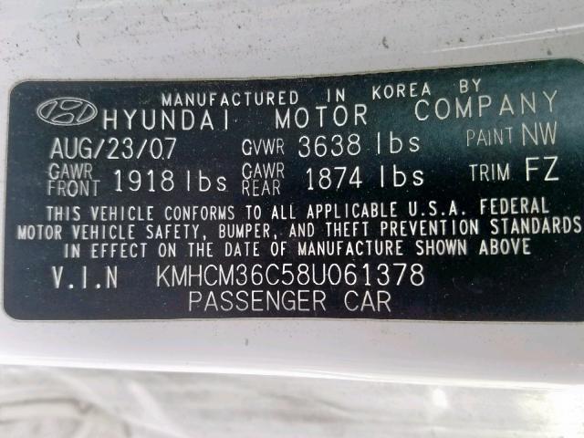 KMHCM36C58U061378 - 2008 HYUNDAI ACCENT GS WHITE photo 10