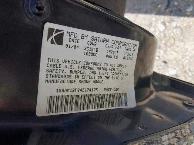 1G8AM12F94Z174175 - 2004 SATURN ION LEVEL BLACK photo 10