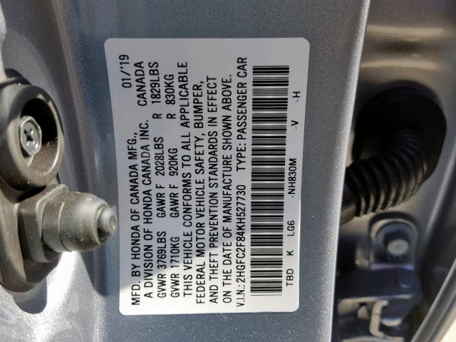 2HGFC2F84KH527730 - 2019 HONDA CIVIC SPOR SILVER photo 10