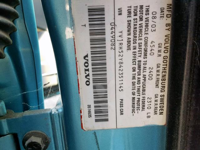 YV1RH52Y842351145 - 2004 VOLVO S60 R BLUE photo 10