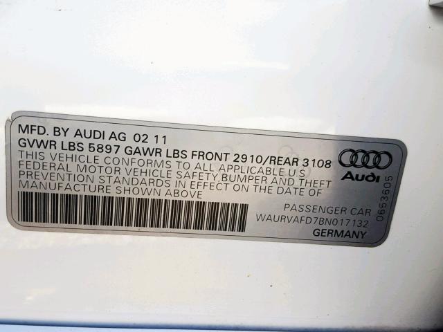 WAURVAFD7BN017132 - 2011 AUDI A8 L QUATT WHITE photo 10