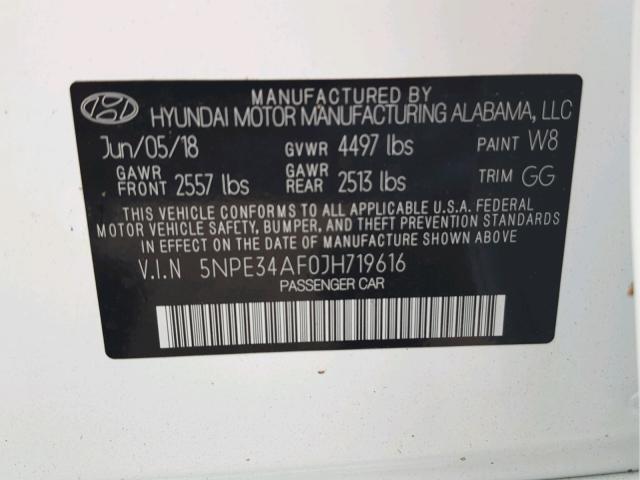 5NPE34AF0JH719616 - 2018 HYUNDAI SONATA SPO WHITE photo 10