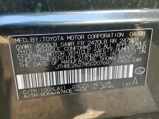 JTHBE262785020760 - 2008 LEXUS IS 350 BLACK photo 10