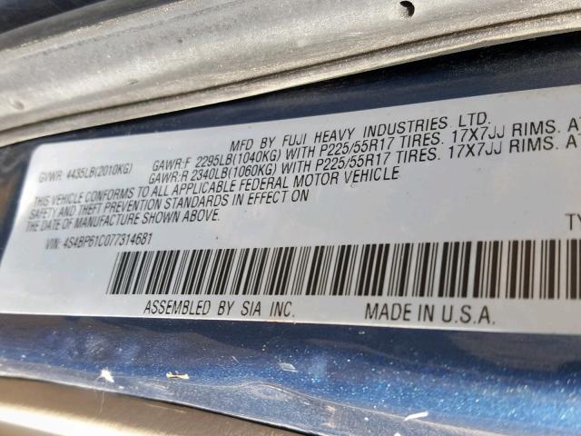 4S4BP61C077314681 - 2007 SUBARU LEGACY OUT BLUE photo 10