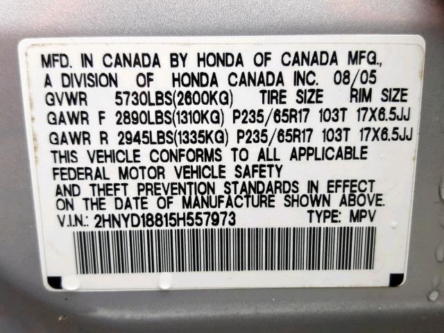 2HNYD18815H557973 - 2005 ACURA MDX TOURIN SILVER photo 10