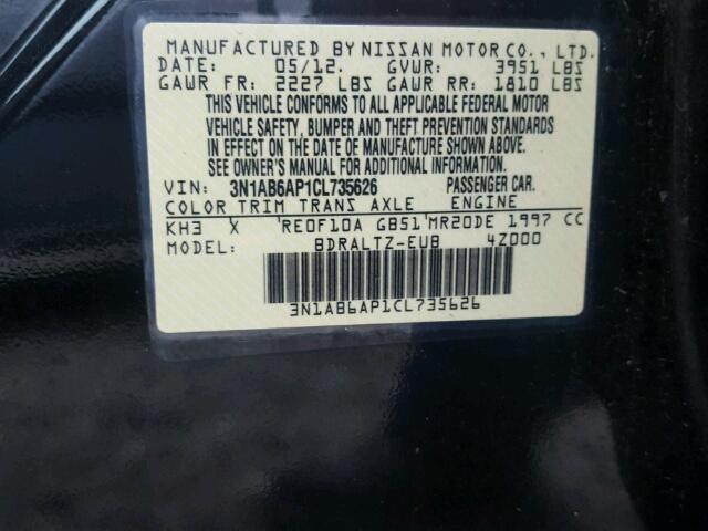 3N1AB6AP1CL735626 - 2012 NISSAN SENTRA 2.0 BLACK photo 10