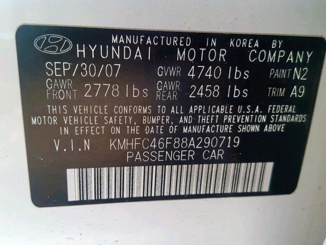 KMHFC46F88A290719 - 2008 HYUNDAI AZERA SE WHITE photo 10