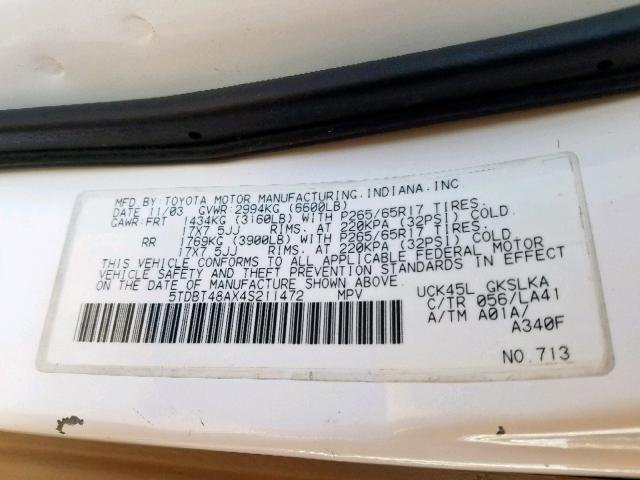 5TDBT48AX4S211472 - 2004 TOYOTA SEQUOIA LI WHITE photo 10