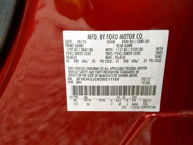 2FMDK3JC6DBE11165 - 2013 FORD EDGE SEL RED photo 10