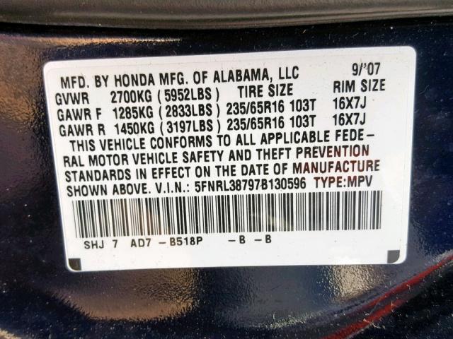 5FNRL38797B130596 - 2007 HONDA ODYSSEY EX BLUE photo 10